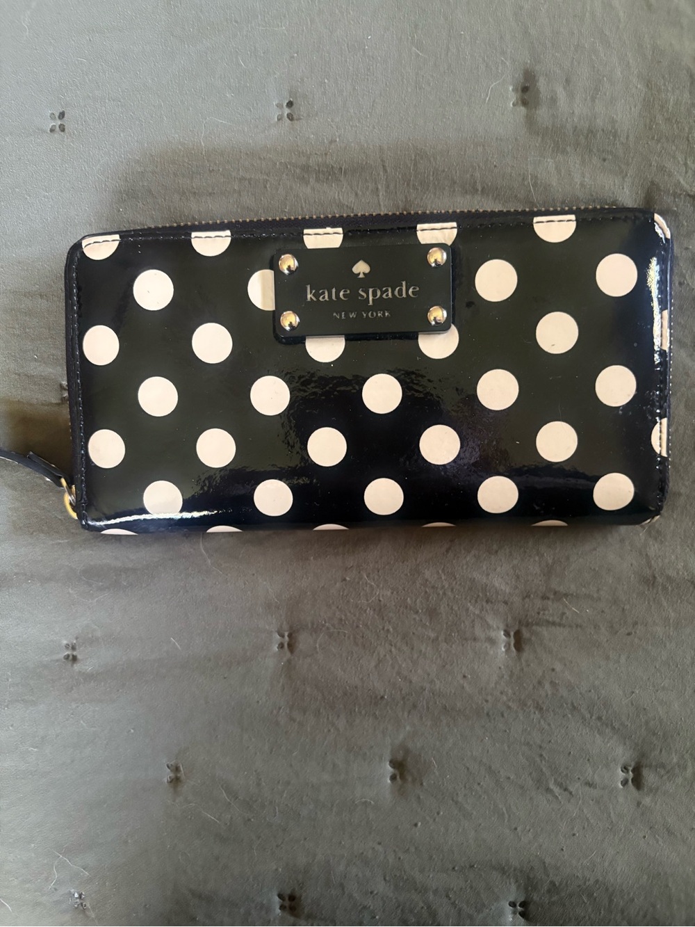 kate spade Black and White Polka Dot Patent Zip Wallet